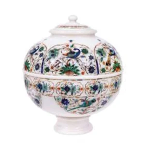 White Marble Malachite Peacock Design Pot