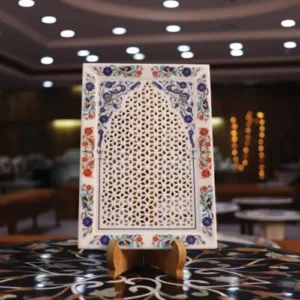 White Marble Filigree Plate (replica of Taj Mahal window)