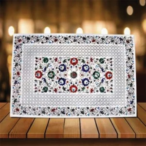White Marble Multi-stone Filigree Rectangular Table