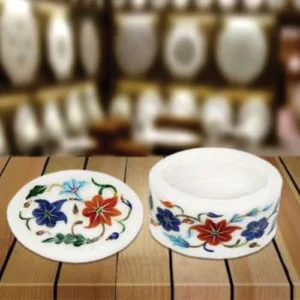 White Marble Multi-stone Round Box