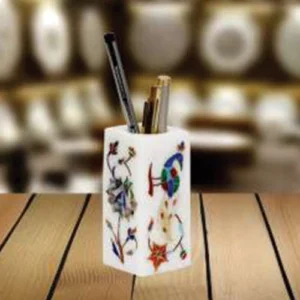 White Marble Multi-stone Inlays Pen Stand