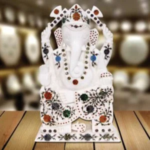 White Marble Multi-stone Ganesha Sculpture